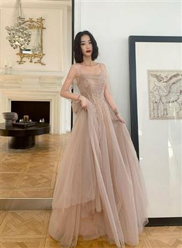 Picture of Pretty Tulle Beaded Long Sleeves Formal Dress, A-line Champagne Evening Gown